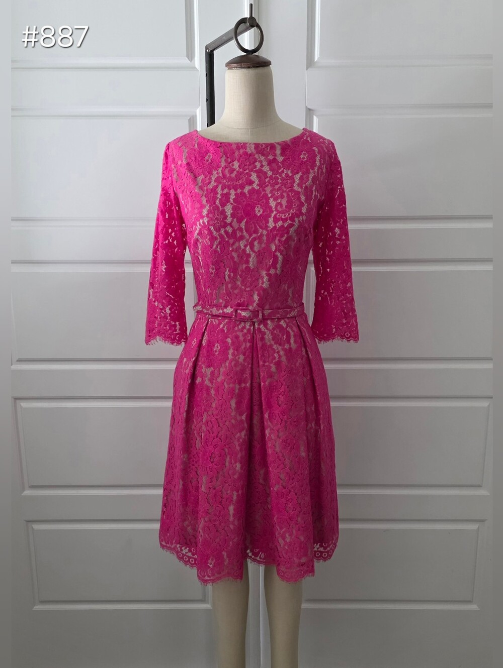 Eliza J Hot Pink Lace Fit-and-Flare Midi Dress With Sleeves